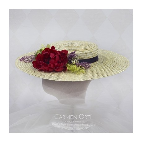 Canotier ala ancha flor en rojo